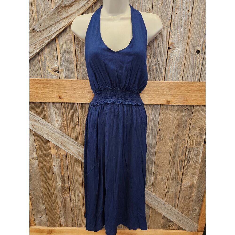 Green Dragon Women's Crinkle Gauze Solid Mandalay Midi Dress M blue semi Sheer
